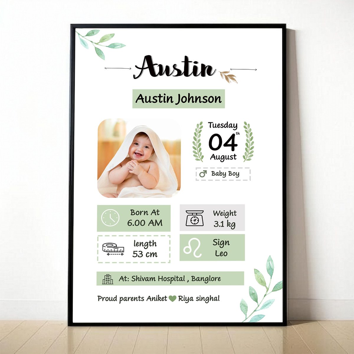 Personalized Baby Birth Stats Frame Personalized Baby Birth Stats Frame | Custom Newborn Details Print | Baby Gatha Keepsake Memory Frame - Image 1