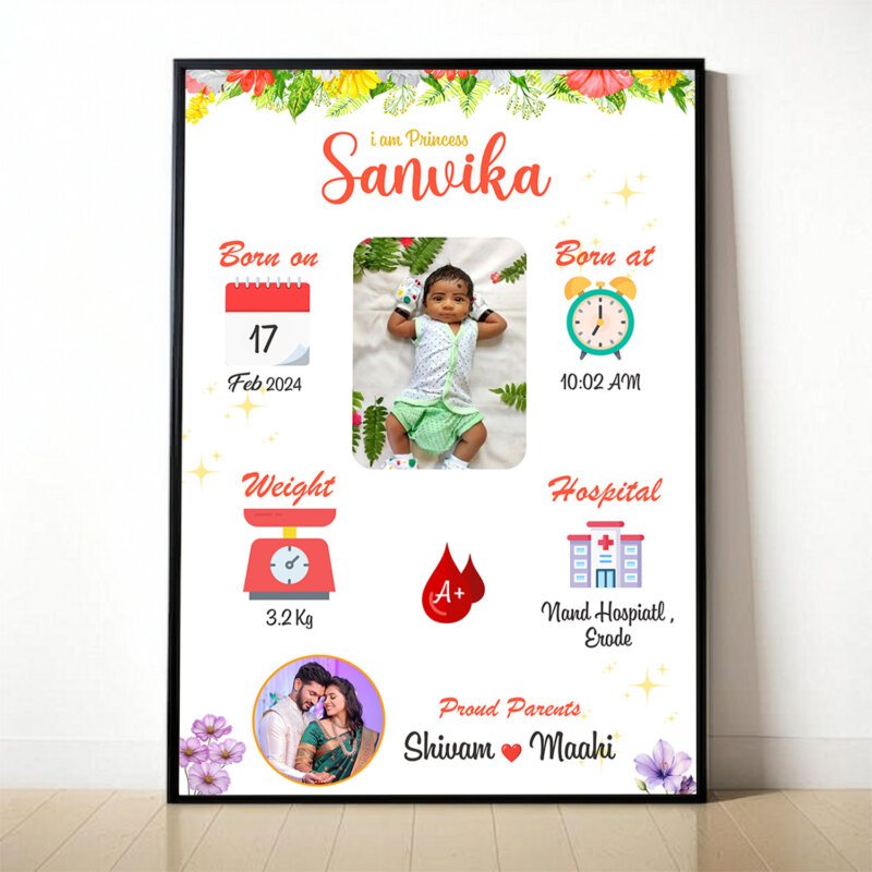personalized baby birth details photo frame with name date time and weight