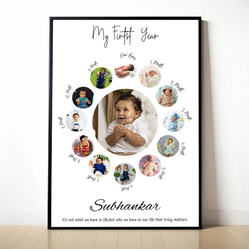 12 months photo collage showing baby monthly milestones