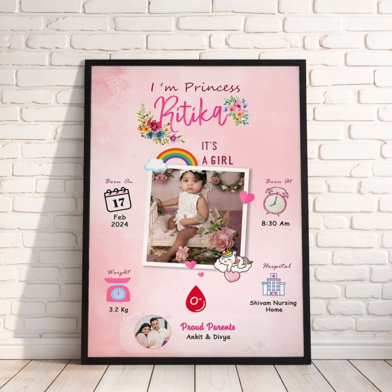 Personalized Baby Girl Birth Details Photo Frame | Newborn Keepsake
