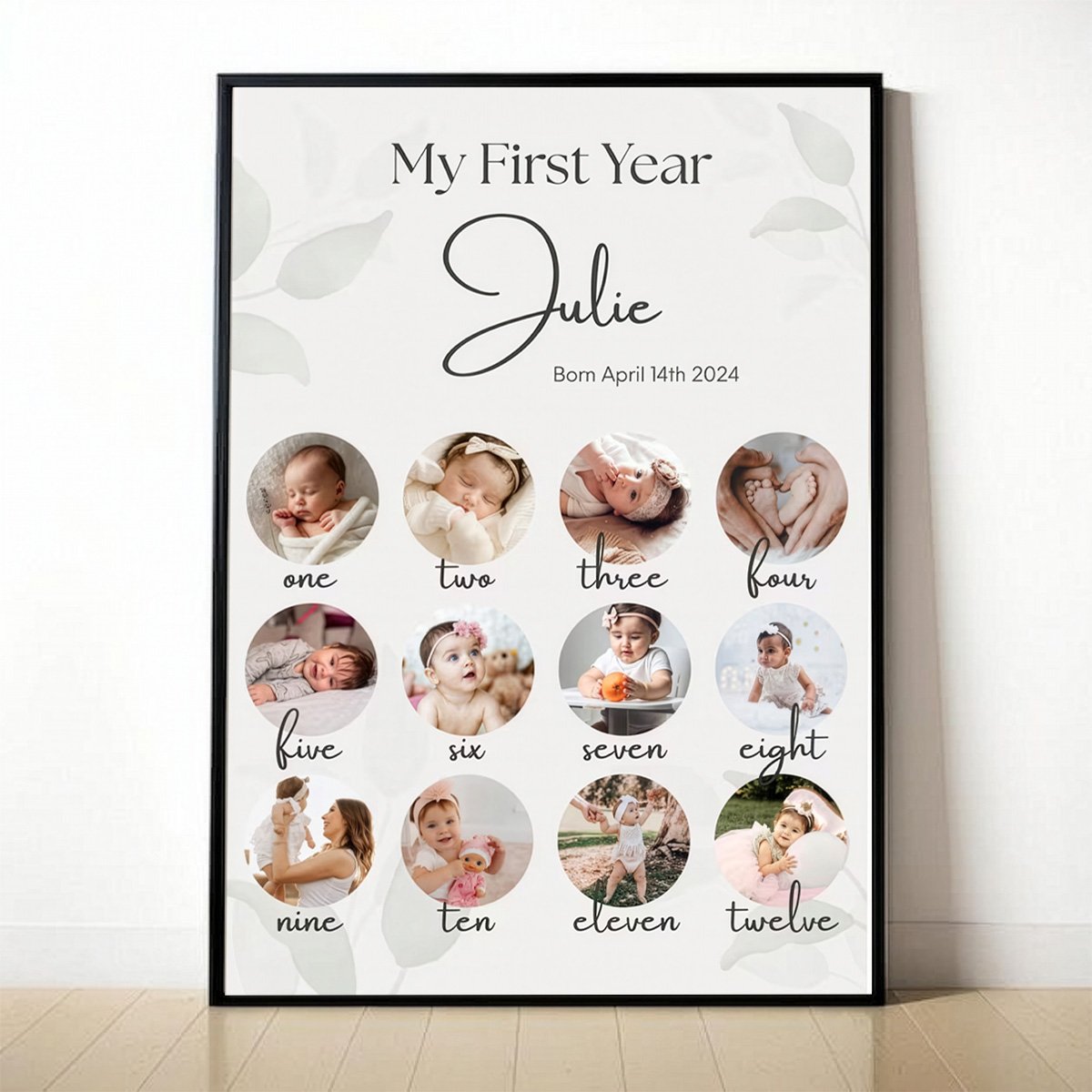 Baby First Year Photo Frame – Monthly Milestones baby first year photo frame showing 12 month milestone collage