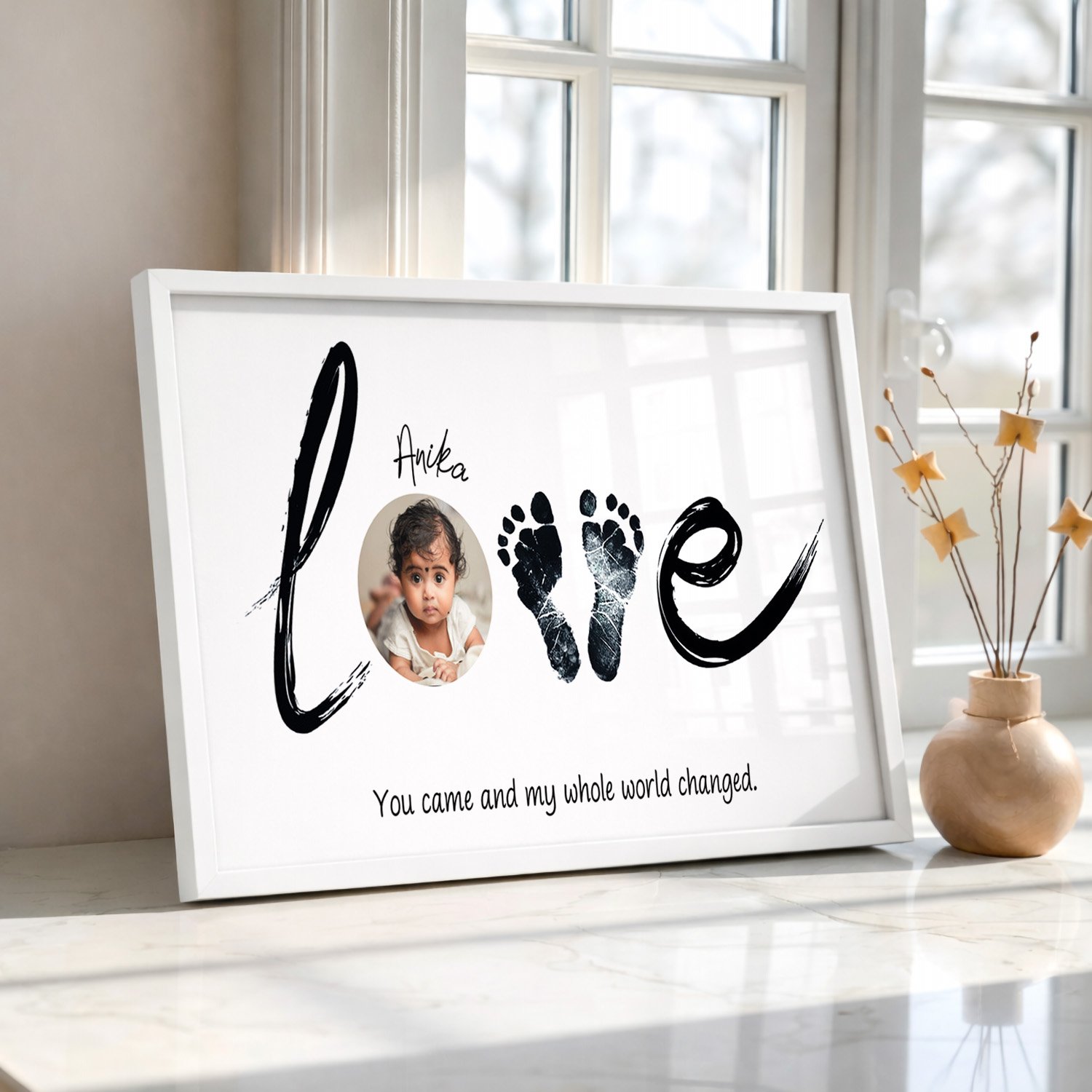 white frame with shadow Customized Baby Footprint Frame with Name & Photo – Newborn Keepsake - Image 1