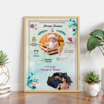 Personalized baby birth stats photo frame with newborn photo and custom birth details