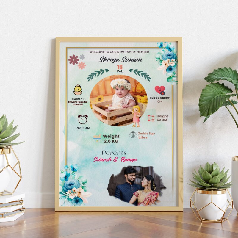 Personalized baby birth stats photo frame with newborn photo and custom birth details