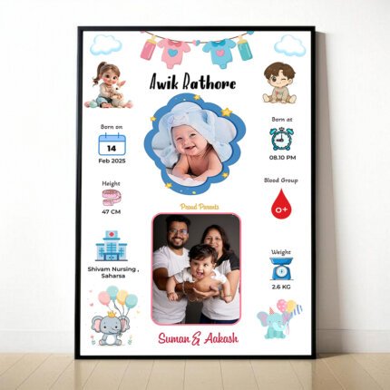 Personalised baby birth stats frame held in hand – custom newborn keepsake with photo, name & birth details | BabyGatha
