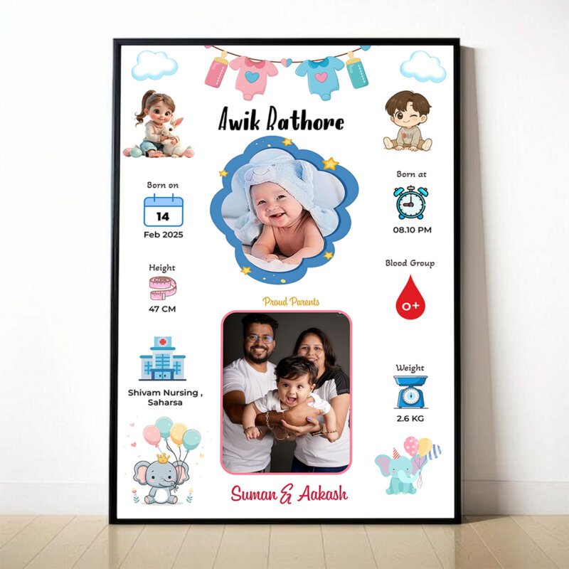 Personalised baby birth stats frame held in hand – custom newborn keepsake with photo, name & birth details | BabyGatha