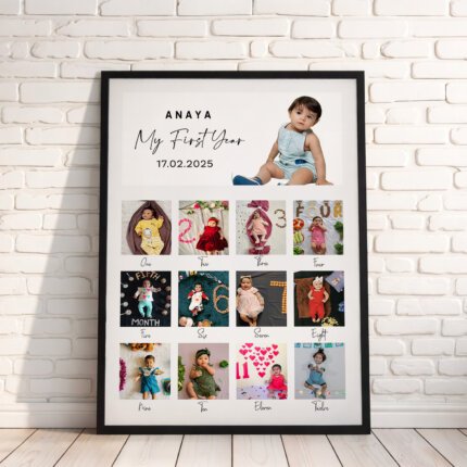 Personalised Baby First Year Frame with 12 month milestone photo collage by BabyGatha