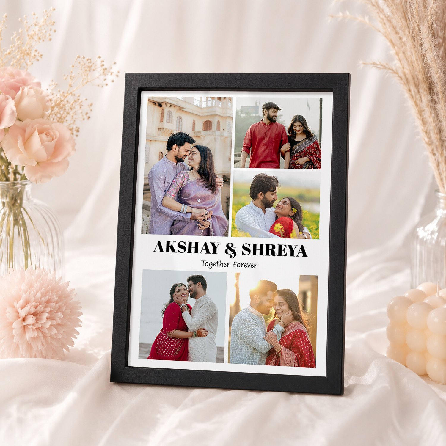 Personalized Couple Photo Collage Frame with Custom Names and Romantic Photos