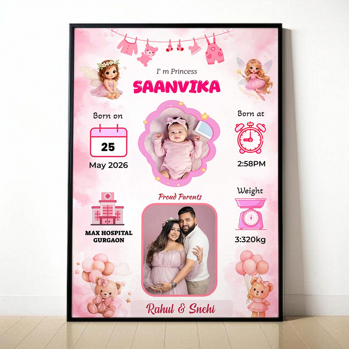 Personalized Baby Girl Birth Details Photo Frame with Baby Photo, Name, Birth Date, Birth Time and Parents' Picture by BabyGatha