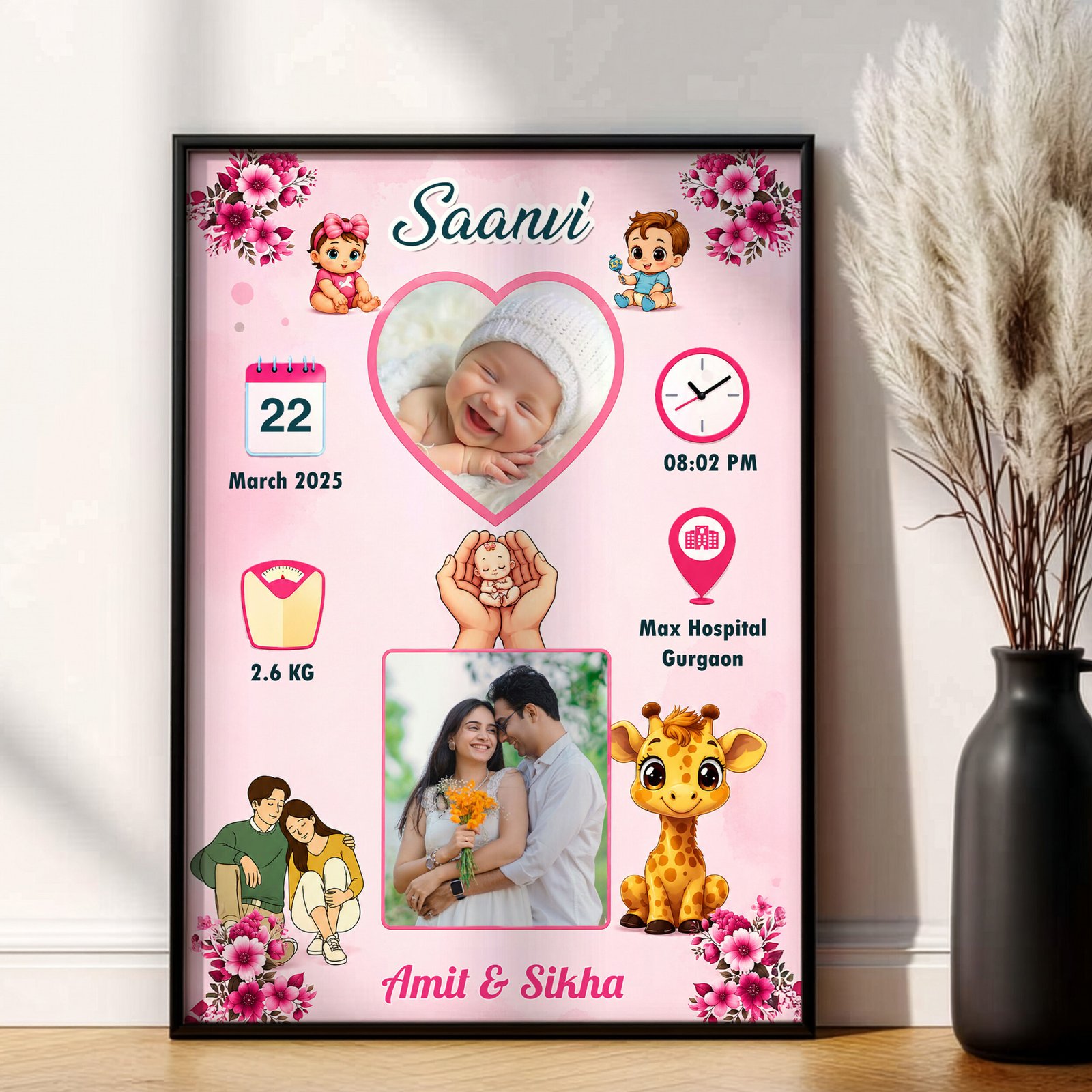 Personalized Baby Girl Birth Details Frame with baby photo, birth date, birth time, weight and parents' photo
